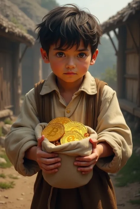 This young man is holding a bag with 4 gold coins in his hand