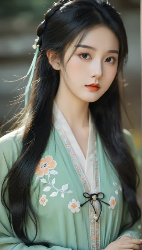 Beautiful girl wearing vintage Han dress, long hair, full black granny, dark eyebrows, big round eyes, famous nose, cute white skin