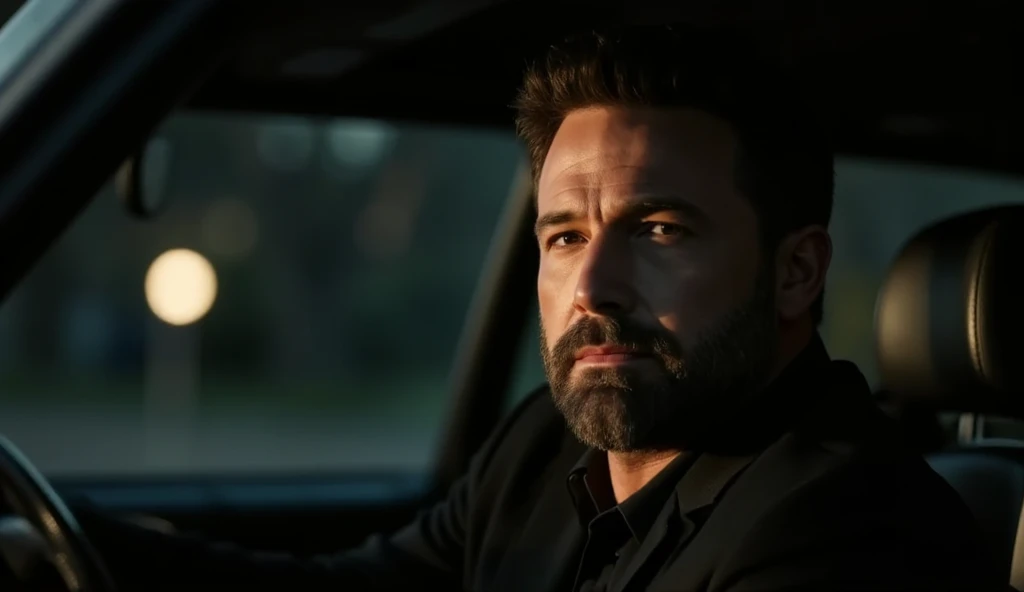  The shot shows the profile of Ben Affleck in the cockpit of a car.  His face is partly illuminated by a soft light ,  creating strong contrasts between shadows and lighter areas .  His expression is reflective ,  with a slight melancholic smile .  His gaz...