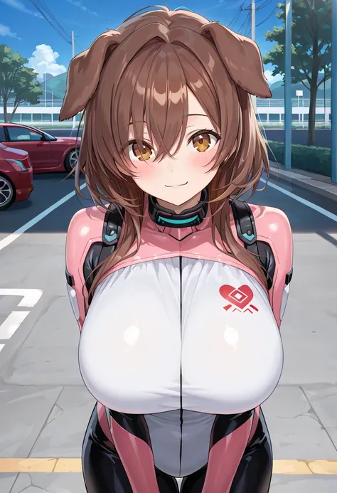 ( top quality , 8k , masterpiece , incredibly absurdres , beautiful woman , perfect body , super detailed skin , highly detailed eyes and face , 1 person ) , Inugami King , original hair color ,  brown hair ,  dog ear , smile ,  will be happy , (  Rider su...