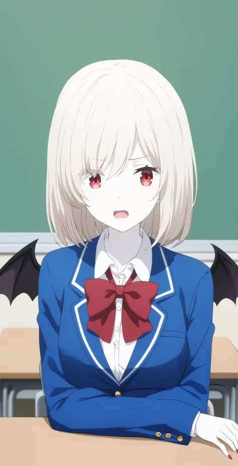  score_9,  score_8_ up,  score_7_ up,  source_Anime,  high definition , Anna,  1 girl, Alone,  school uniform ,  red eyes,  jacket ,  shirt, bow, white  shirt, blue  jacket , collared  shirt,  blazer, red bow,  medium hair , bowtie, bangs, Pure white hair,...