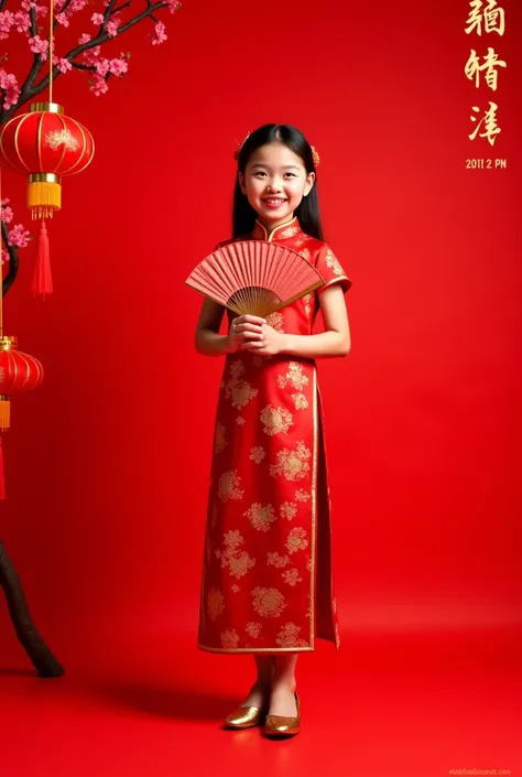 Create a realistic poster celebrating Chinese New Year, featuring a gadis kecil berjilbab umur 3tahun realistic Indonesian  in a traditional red cheongsam with intricate golden embroidery. She stands in a festive setting with a backdrop of red lanterns, ch...