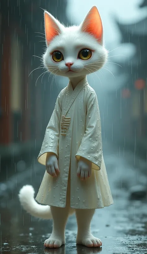 "An anthropomorphic female cat character, standing gracefully in the rain. She has a slender, elegant build, wearing a drenched traditional outfit that clings to her form. Her white fur is wet, with droplets running down her body, and her large, expressive...