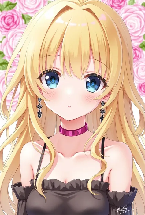 (masterpiece, high quality, highres, anime),detailed face,modern ,(well designed background), 1girl, shaggy blonde, long hair, dainty blue eyes, slight smile. Upper body. Bare shoulders. Goth accessories, earrings, pink chocker. Background, pink flowers an...