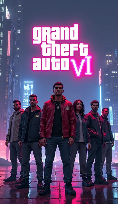 GTA VI Games Characters Standing, GTA VI Written, No Chinese language Writing in anywhere, Advance City, Glowing Neon Effect , little bit 3D effect