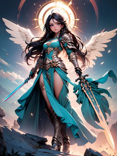 (((masterpiece, best quality, 16K)))((Full body shot)) of a fearless paladin with unparalleled beauty, featuring long, dark hair and striking blue eyes. She wears intricately designed draconic armor that glimmers with a mystical aura. Her armor is adorned ...