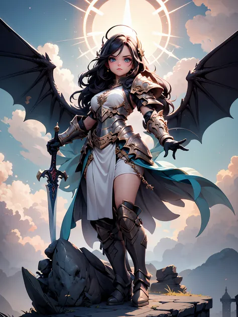 (((masterpiece, best quality, 16K)))((Full body shot)) of a fearless paladin with unparalleled beauty, featuring long, dark hair and striking blue eyes. She wears intricately designed draconic armor that glimmers with a mystical aura. Her armor is adorned ...