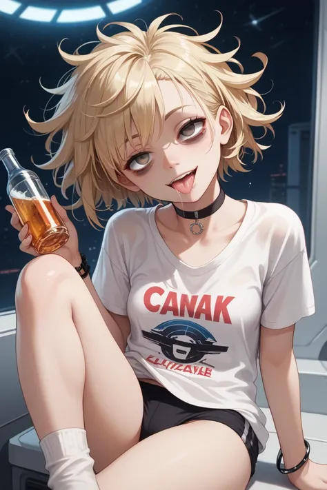  spaceship, huge_filesize, female pervert, asymmetrical hair, naughty_face, lamiendo los labios, messy hair, straight short blonde hair, saliva, (bags under eyes), grey eyes, small breasts, white kneehighs, without underwear, oversized t-shirt, loose t-shi...