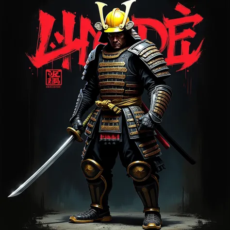 Samurai warrior graffiti on a black background、yellow construction helmet