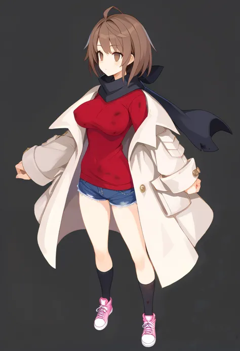  high quality,masterpiece,Deformed body type, perfect human body, one girl,Dark brown hair, medium bob hair , short,Small,Dirty clothes, brown eyes,Modest breasts, long black socks,Black scarf, Tattered Brown Duffle Coat , red sweater, Denim Miniskirt , pi...