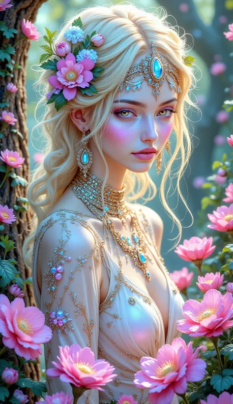 Create a portrait of an ethereal being who embodies nature's beauty. She has luminous skin that shimmers with hints of pastel colors, resembling the gentle hues of a twilight sky. Adorn her with intricate jewelry featuring gems that mirror the colors of bl...