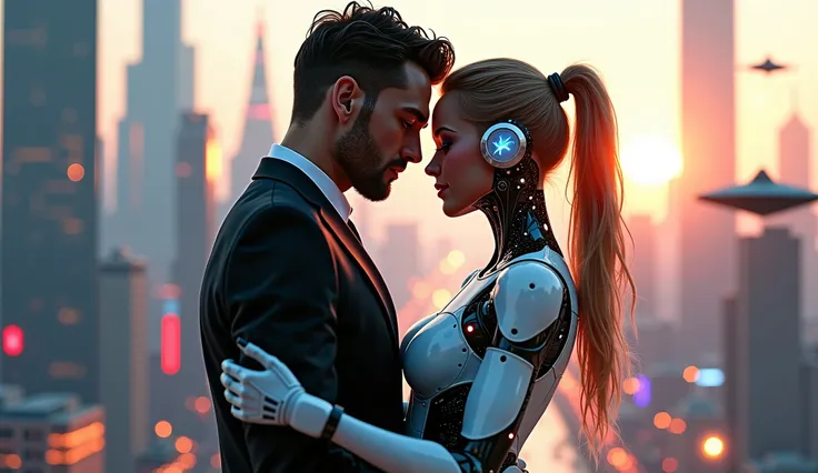 A handsome man and beautiful cyborg woman love to eachother background futuristic city 