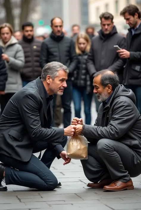 A man in stylish, clean clothes kneeling to help a visibly poor and needy person in a busy urban area. He hands over a bag of food or money while glancing sideways at a group of people watching him. His expression suggests pride as if seeking recognition f...