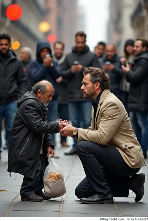 A man in stylish, clean clothes kneeling to help a visibly poor and needy person in a busy urban area. He hands over a bag of food or money while glancing sideways at a group of people watching him. His expression suggests pride as if seeking recognition f...