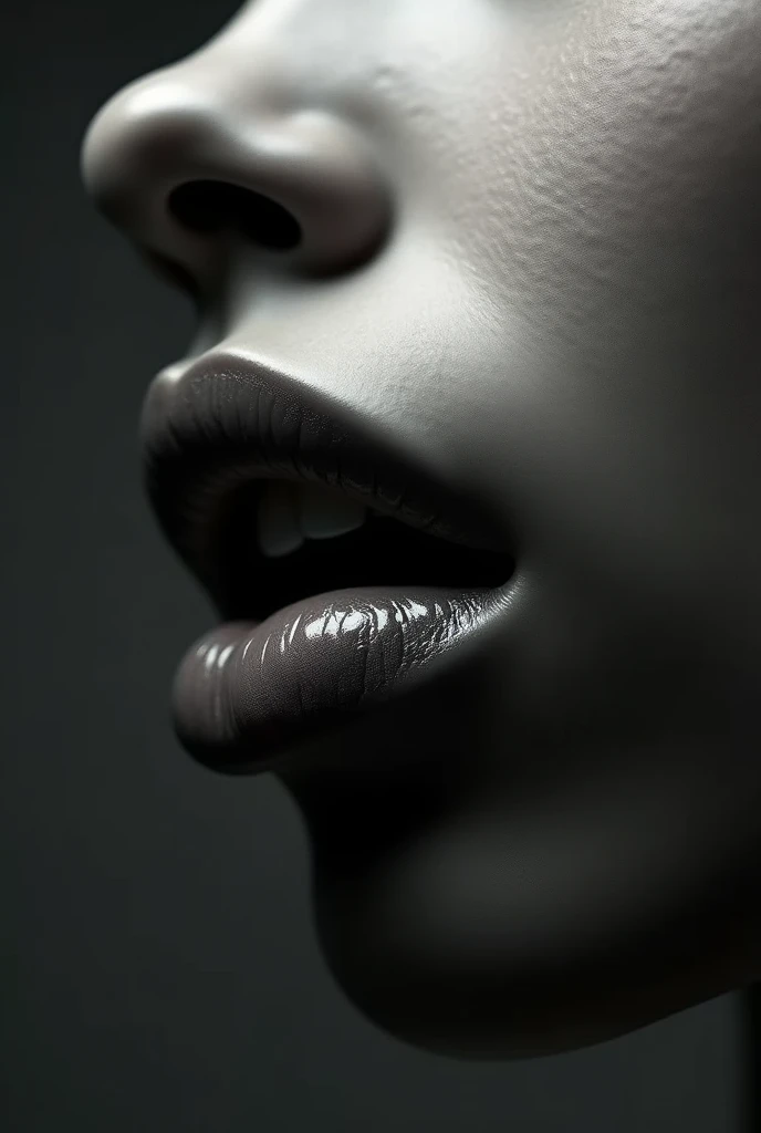 "A grayscale abstract representation of lips in close-up, blending soft focus and dramatic highlights for an artistic and mysterious effect."

