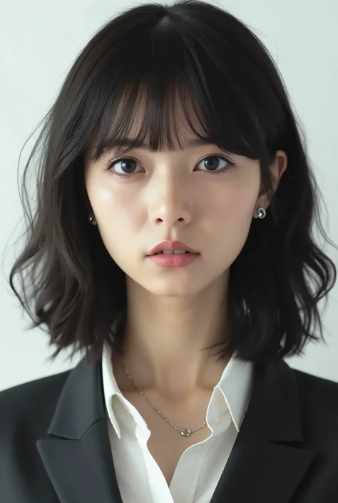 Beautiful Japanese Woman 、、 She is wearing an office lady suit、濃いeyeshadow 、Hairstyle: Medium long、wavy hair 、  、ear piercing、 Empty Expressions 、 necklace、 white backgr
