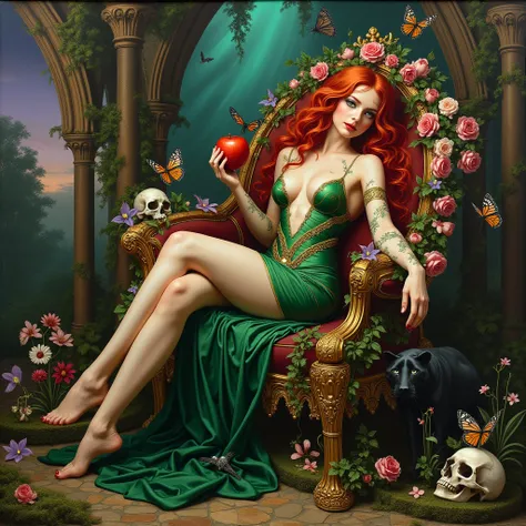  A lavish, Baroque-meets-Art Nouveau masterpiece depicting Poison Ivy enthroned in a cathedral of twisted flora. She lounges regally on a living throne of blooming crimson roses, venomous belladonna vines, and iridescent bioluminescent fungi, her pose echo...