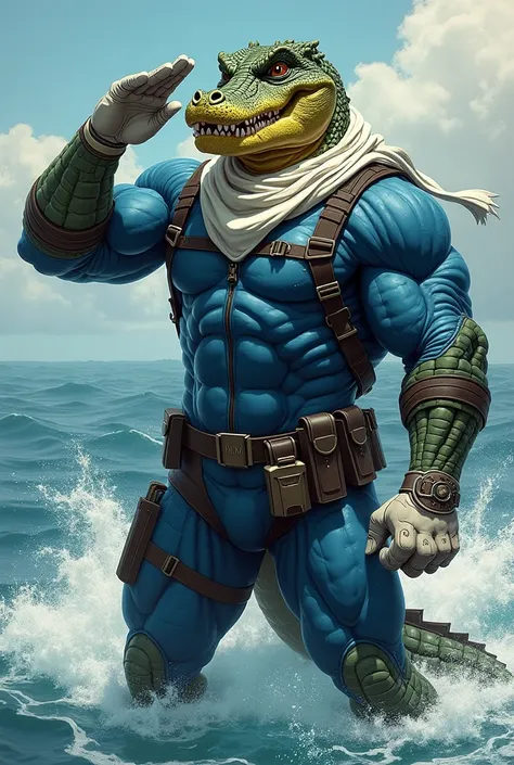 (A rugged beefy very muscular bulky smiling crocodile man), (wearing blue zipper wetsuit), salute pose, wearing harness, wearing bulky scuba gear, wearing white hero scarf, muscular physique, toned muscles, fierce, heroic, action, comic artstyle, bulky bes...