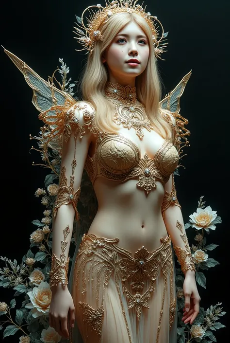 Image of flowers of hope, (skeleton like:1.3), ((female ornated princess)), (with long, flowing blonde hair), (beautiful bright blue eyes), Huge breasts, cleavage, (erect nipples), slender body, abs, curvy body, bare buttocks, trends on Art Station, flower...