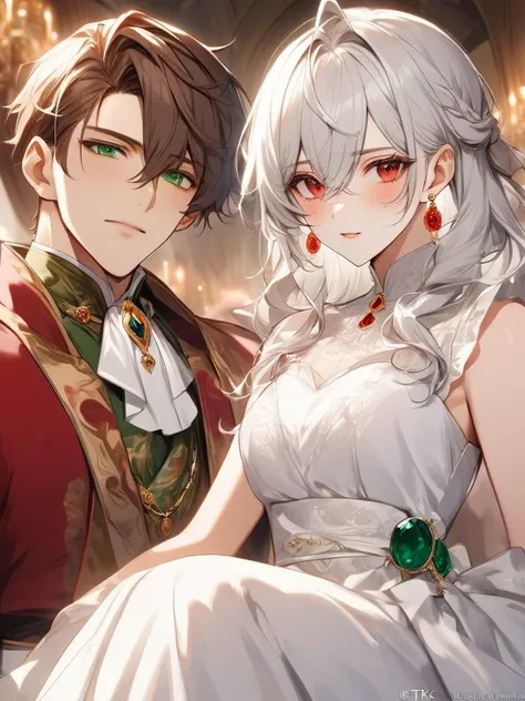 One Man　male　 Brown Hair　 emerald green eyes 　 high resolution, accurate,  top quality,  textured skin, They are dressed like aristocrats　＆　1人の少female　female　 Silver Hair　 red eyes　gold and red earrings　 white dress by T2K9　 blushing , 