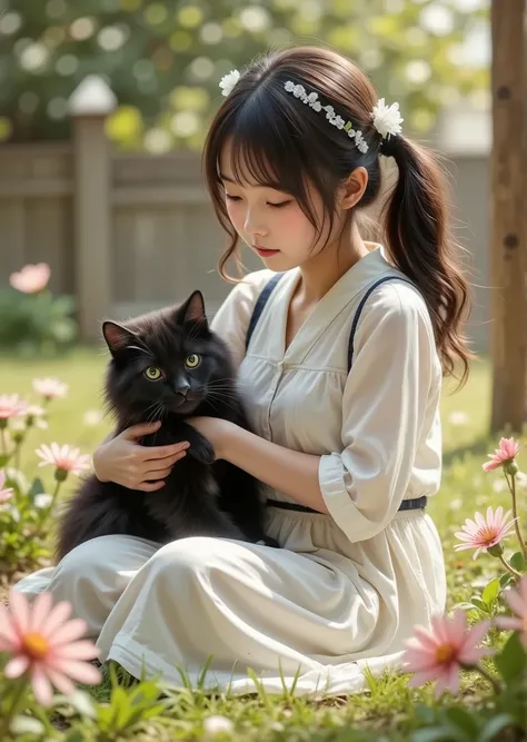 I have a thick black cat with a round face 、 he's sitting on the girl's lap、On the grass、There are flowers blooming in the background 、Cute Japanese girl、Background blur、 fairy tale