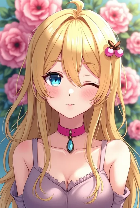 (masterpiece, high quality, 4k, hd, anime),detailed face,modern ,(well designed background), 1girl, shaggy blonde, long hair, dainty sleepy blue eyes, slight smile. Upper body. Bare shoulders. Goth accessories, earrings, pink chocker. Background, pink flow...