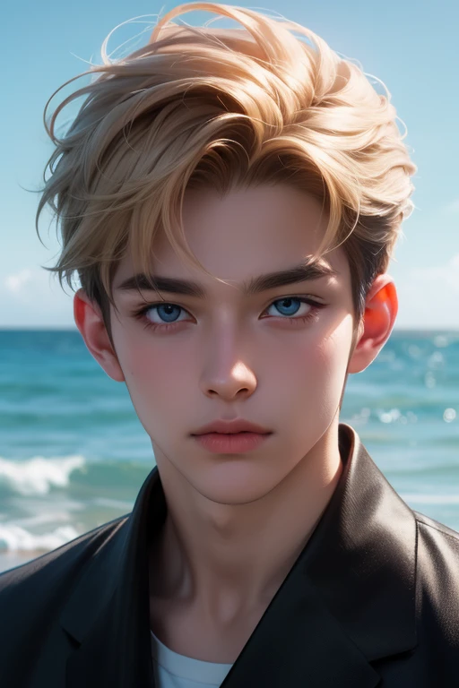 anime boy, handsome face, charming gaze, ocean blue eyes, short golden hair, vintage clothes, ocean background, sharp eye details, sharp face details, hand and body details, make 4k and 8k images