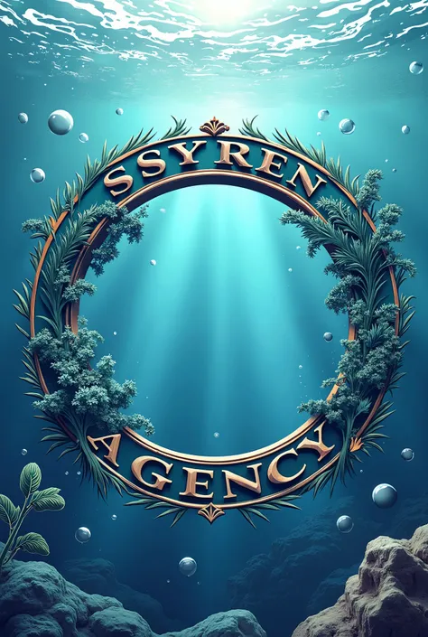 Make a framestyle logo that has blank space in the center to put profile with the name Syren Agency around the frame and background that relates to ocean