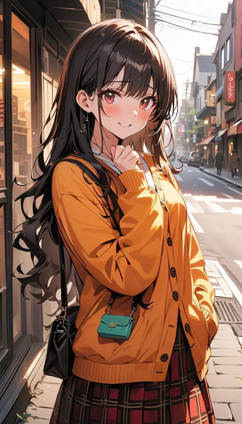 ( beautiful girl  : 1.3), 1 girl,( cardigan, checked long skirt ,Small Bag, sneakers), black hair, wavy hair,smile,Embarrassed,blush,Around town,masterpiece, top quality, super high resolution, rich contrast, high definition,8k, High Definition CG Unit Wal...