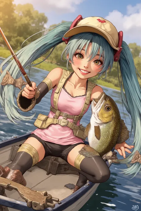 (Masterpiece、 top quality、 top quality、 Official Art、  beautiful and beautiful  :1.2)、( one girl:1.3) Hatsune Miku、 Twin Tails, beautiful breasts,  An energetic Japanese beauty doing bass fishing   ,   Disheveled dark hair    、  ,     Wearing、 her bright s...