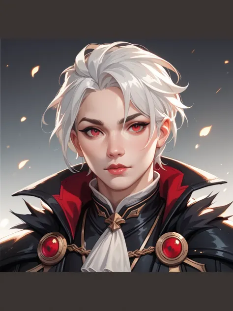  a grown man, very clear skin,  white hair,  red eyes, Noble black clothing , medieval rpg,  Valorant art style, comics style, anime