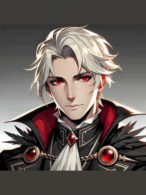  a grown man, very clear skin,  white hair,  red eyes, Noble black clothing , medieval rpg,  Valorant art style, comics style, anime