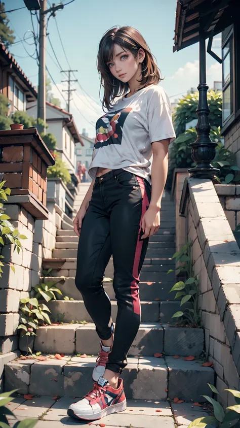  1 girl,  cute,  young,  skinny, (3N1DS1NCL41R:0.9),  realistic photo ,  Extreme Details , Street Photography, { top quality}, {{masterpiece}}, { high resolution}！、 oversized t-shirt、 Street Fashion、 Bermuda Pants、 sneakers、blue sky、garden、 Stairs with Man...