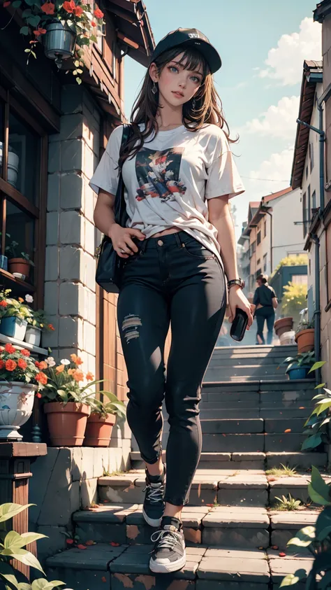  1 girl,  cute,  young,  skinny, (3N1DS1NCL41R:0.9),  realistic photo ,  Extreme Details , Street Photography, { top quality}, {{masterpiece}}, { high resolution}！、 oversized t-shirt、 Street Fashion、 Bermuda Pants、 sneakers、blue sky、garden、 Stairs with Man...