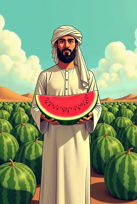 a cartoon of a man holding a watermelon in front of a field of watermelons, middle eastern style vendors, inspired by Abdur Rahman Chughtai, watermelons, arabian art, watermelon, sheikh, middle eastern, arabian features, genzoman, watermeloncore, arabian, ...