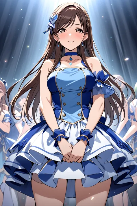 masterpiece,  top quality,  high resolution, Minami Nitta,Anita ,  long hair,   hair ornament,  medium boobs,  earrings,  blue choker,  idol costume,  blue dress,  shoulder out,  sleeveless,  wrist cuff,   detach sleeve , smile,  standing,  cowboy shooting...