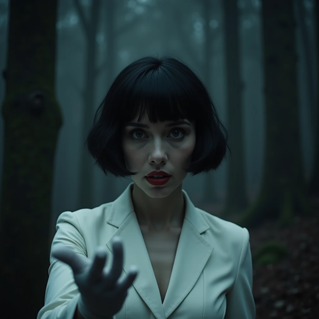 Portrait of a woman with short black hair wearing a white suit and gloves, threatening woman, hateful look, Bazett Fraga McRemitz, dark scenery, night, dense forest at night, realist portrait, dark scenery, nightmare,  Macabre scene , horror movie, twisted...