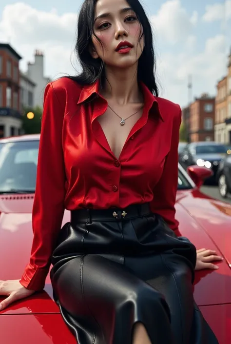  an office lady,  sitting on top of the car,  skirt using an oversize formal shirt unbuttoned red satin material, use a long oversize skirt to the toe of satin material of black color,  big boobs,  very slim waist ,  red lips