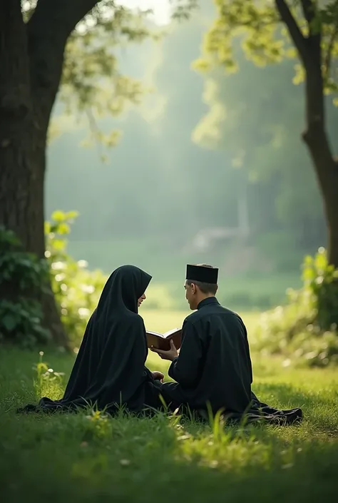 Generate photo Muslim husband with Muslim wife their face don't be seen. They hold on  book in nature in green walley. They sit down on theur house.