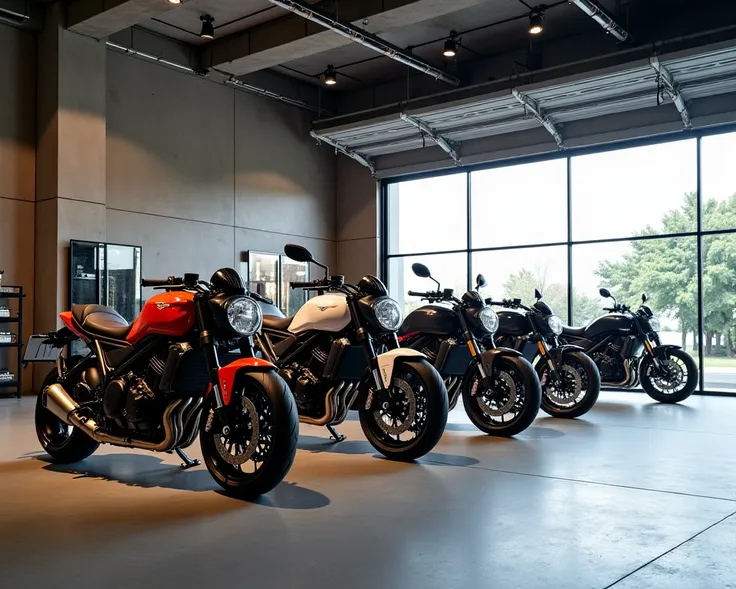 Create a modern garage with excellent lighting where you can view a collection of luxury motorcycles, motorcycles of different styles, leather cogineria
