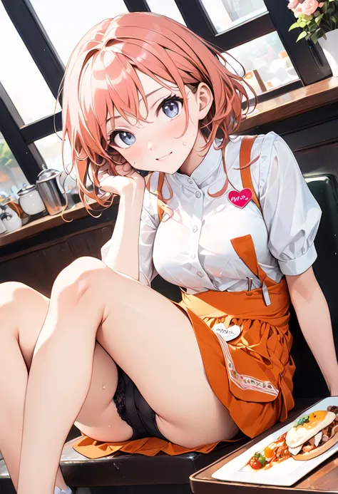  ((M-Leg))、(((((Anna Miller)),     waitress uniform, orange high-waist skirt,     suspender skirt with heart shaped name tag,     apron,     restaurant    ))),, ((Shiny Costumes)), ((skindentation)), skinny,    alone,      woman 1 person  , masterpiece,   ...