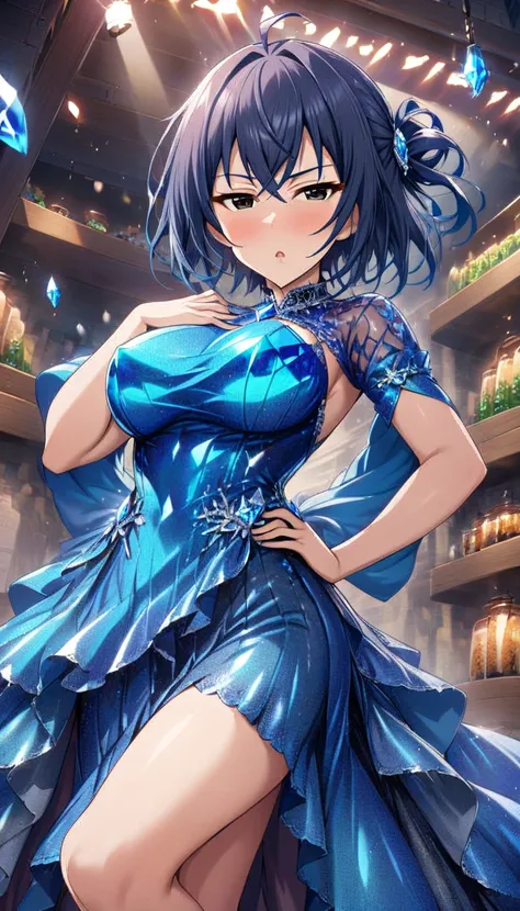  1 girl,,s Wakui Rumi  ,  short hair,   blue hair ,   Black Eyes, big breasts, blue topaz crystal dress