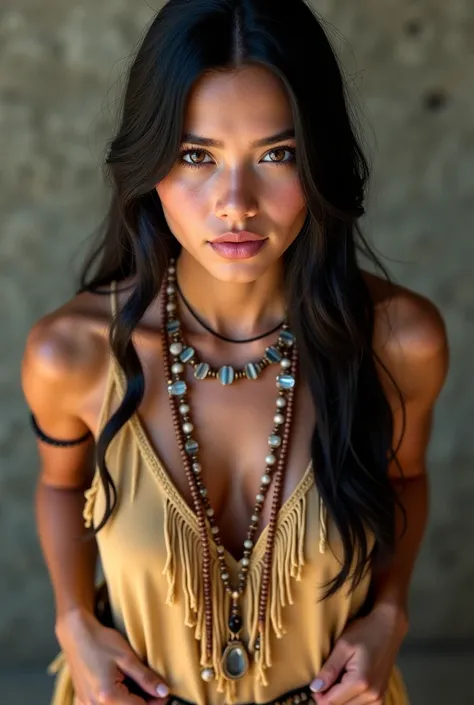 Very pretty native American 25 year old girl, traditional clothing, Pretty face, hands on hips, High details, Beautiful. Black hair, Masterpiece, Super Detailed, Textured Skin, realistic, full body, POV, from above,High Resolution, Anatomically Correct, Ac...