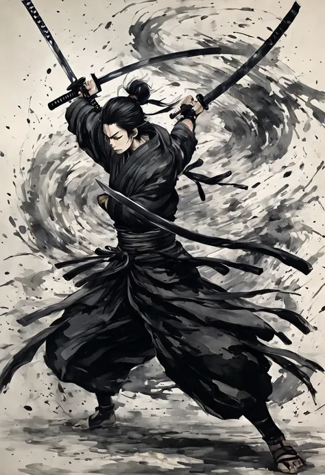 Ink painting,１color,whole body,smile,  medium hair , samurai, black kimono,(Haori),(Intense sword fighting scene with arms outstretched), Drawing strokes drawn with rottling 0,Dynamic movement and powerful brushstrokes、 splash with Nishimiya Sho, Plurals