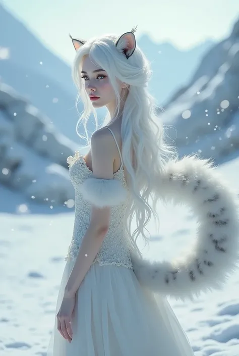 A pale woman with natural white hair, white eyebrow and lashes . It has ears and a snow leopard tail.