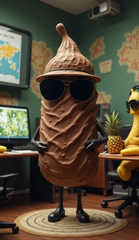  A chocolate ice cream with black sunglasses and a spy hat ,  standing in a secret office .  The room has walls covered with maps and screens showing a jungle .  A pineapple in a black suit explains a plan ,  while a banana with headphones and a grape with...