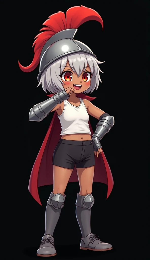 a dwarf size joyful physically thick young short dark skin small-sized girl, with short silver hair and red eyes wearing a medieval helmet with a red feather and medieval full arm gauntlets and knee height tights and a short white tank top and black shorts...