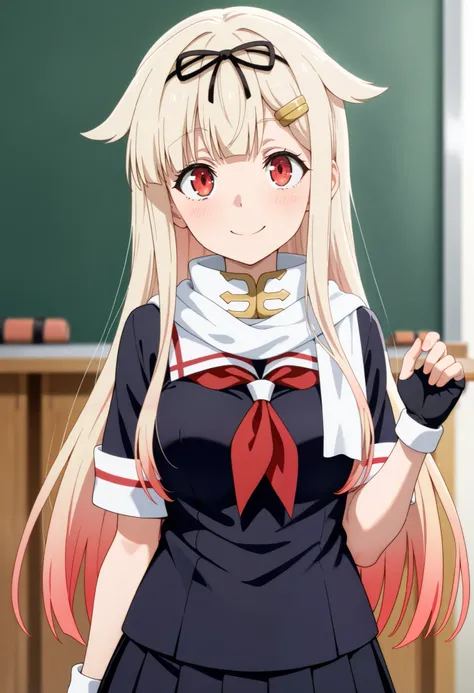  top quality,  Amazing Quality ,   very aesthetic ,   is ridiculous, Watching yuudachi _KaiNi \( fleet this\)
 1 girl, You'll deny it,   blonde hair,  gradient hair that burst into the classroom,  hair flap,  long hair,  hair bow,  hair clip,  red eyes,
Se...