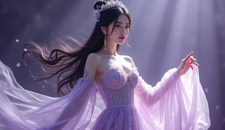 "A stunning, ethereal female character dressed in an elegant, flowing lavender and silver gown inspired by ancient Chinese or fantasy aesthetics. Her dress is adorned with delicate silver embroidery and floral ornaments, shimmering under a soft, mystical g...