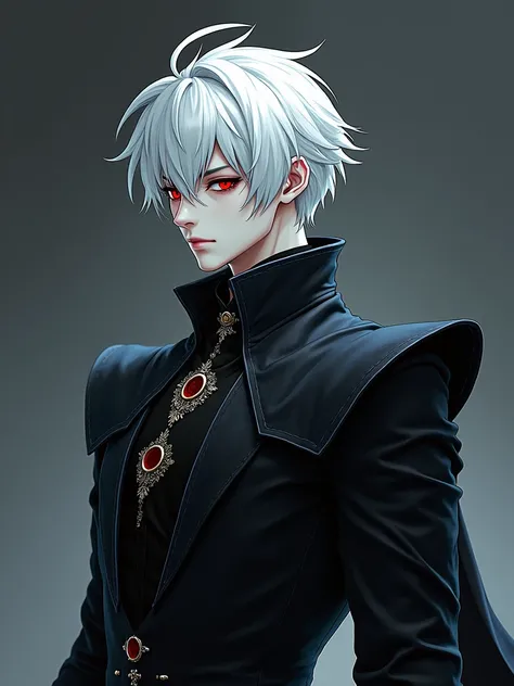  a grown man, very clear skin,  white hair,  red eyes, Totally black noble clothing, medieval rpg,  Valorant art style, comics style, anime